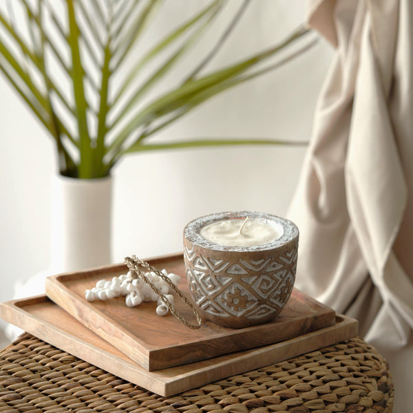 Carved Wooden Tribal Candle | Whitewash Okiara